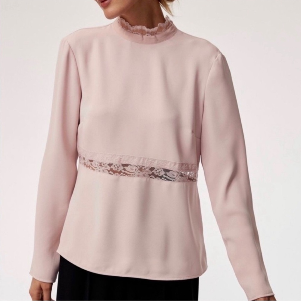 Aritzia Babaton Soft Pink Lace Accent Romantic Boho Wedding Guest Blouse M